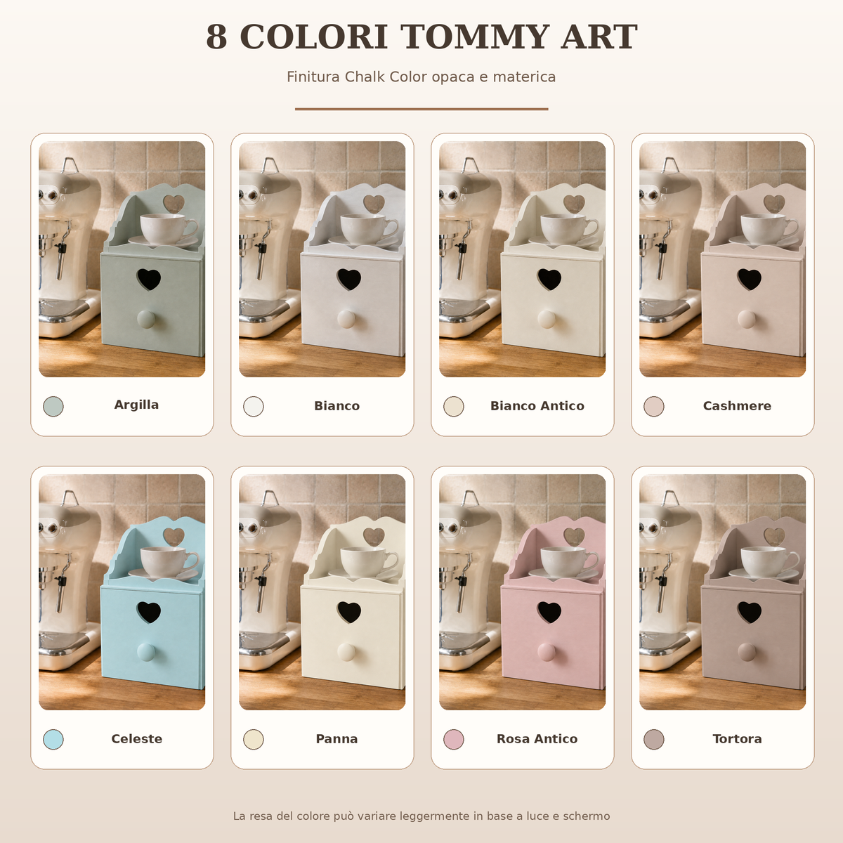 Otto colori Tommy Art disponibili per il porta cialde artigianale