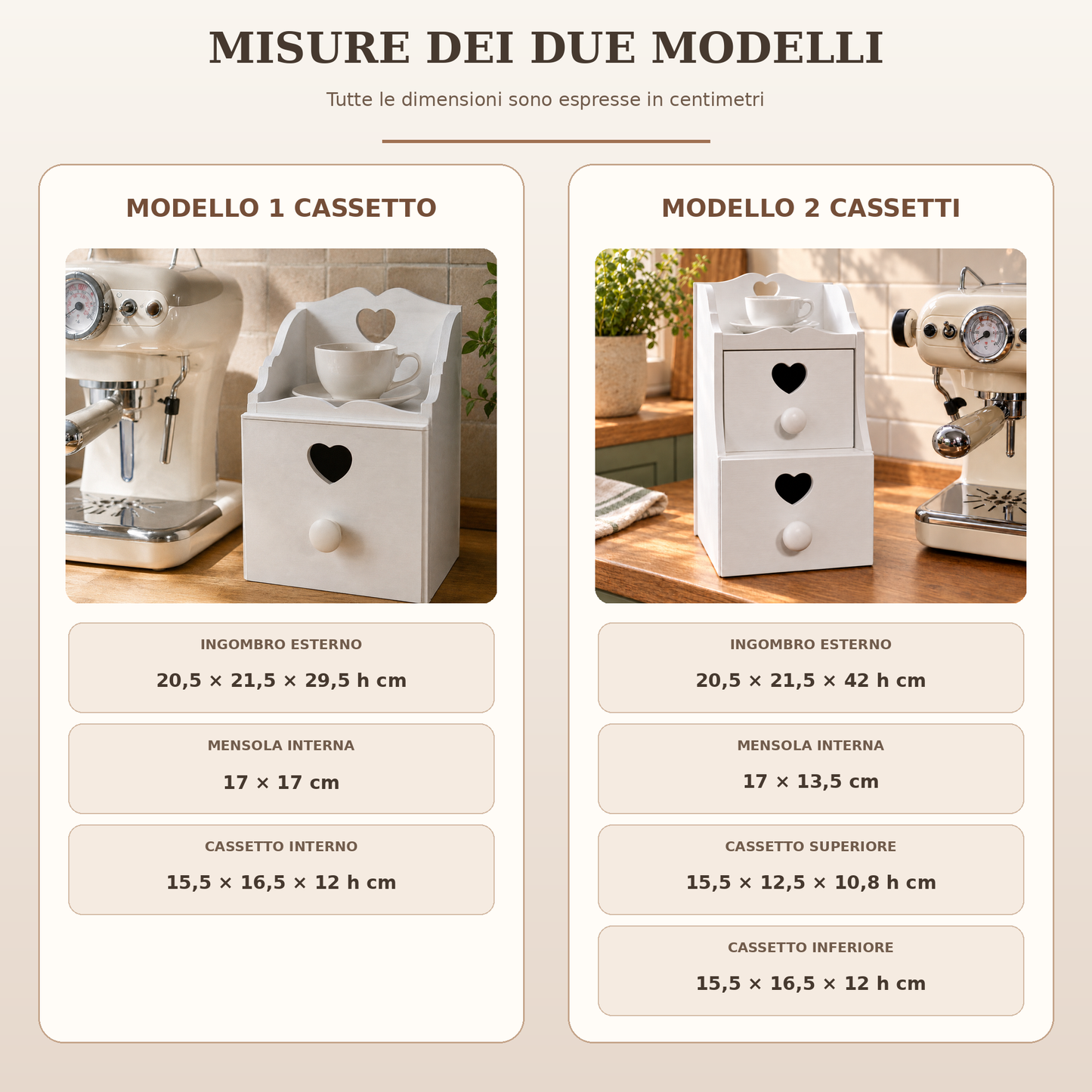 Misure porta cialde artigianale con uno o due cassetti