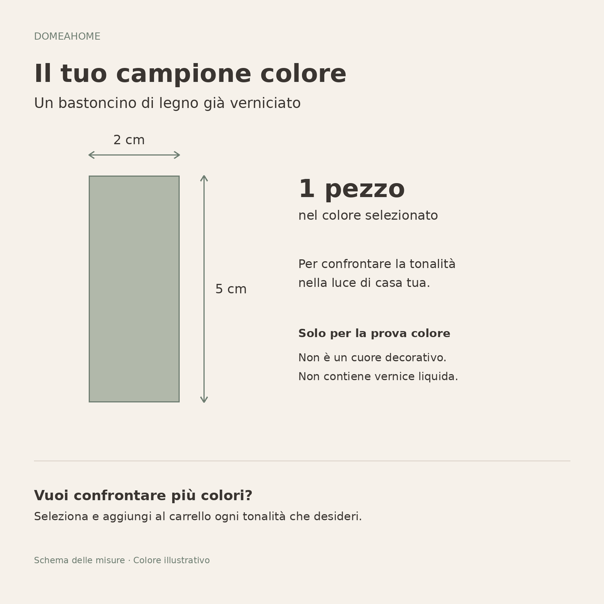 Campione colore: un bastoncino di legno già verniciato, largo 2 cm e lungo 5 cm, per provare il colore. Non è un cuore decorativo e non contiene vernice liquida.