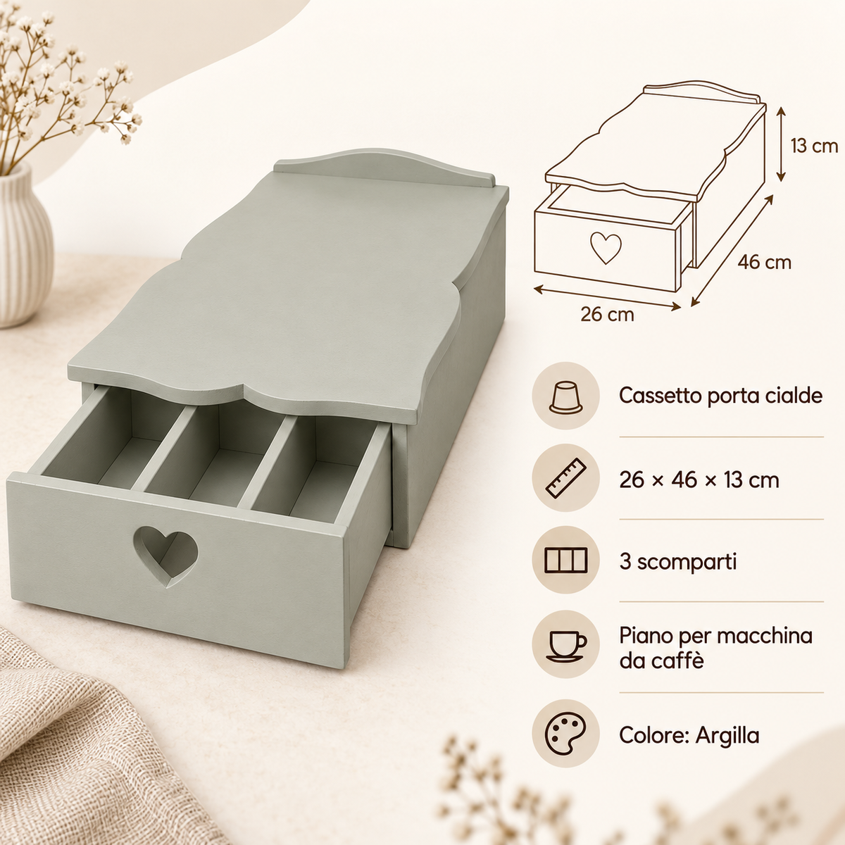 Infografica cassetto porta cialde Domeahome 26 x 46 x 13 cm Argilla