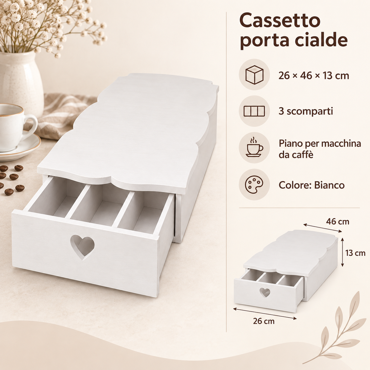 Infografica cassetto porta cialde Domeahome 26 x 46 x 13 cm Bianco