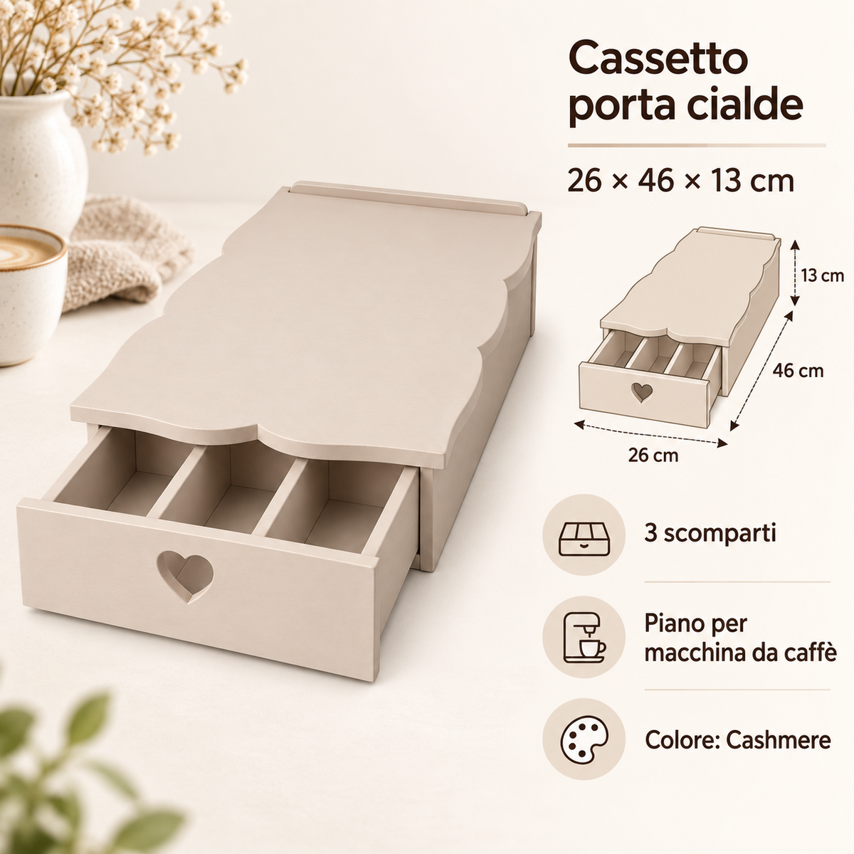 Infografica cassetto porta cialde Domeahome 26 x 46 x 13 cm Cashmere