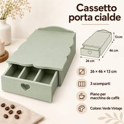 Infografica cassetto porta cialde Domeahome 26 x 46 x 13 cm Verde Vintage