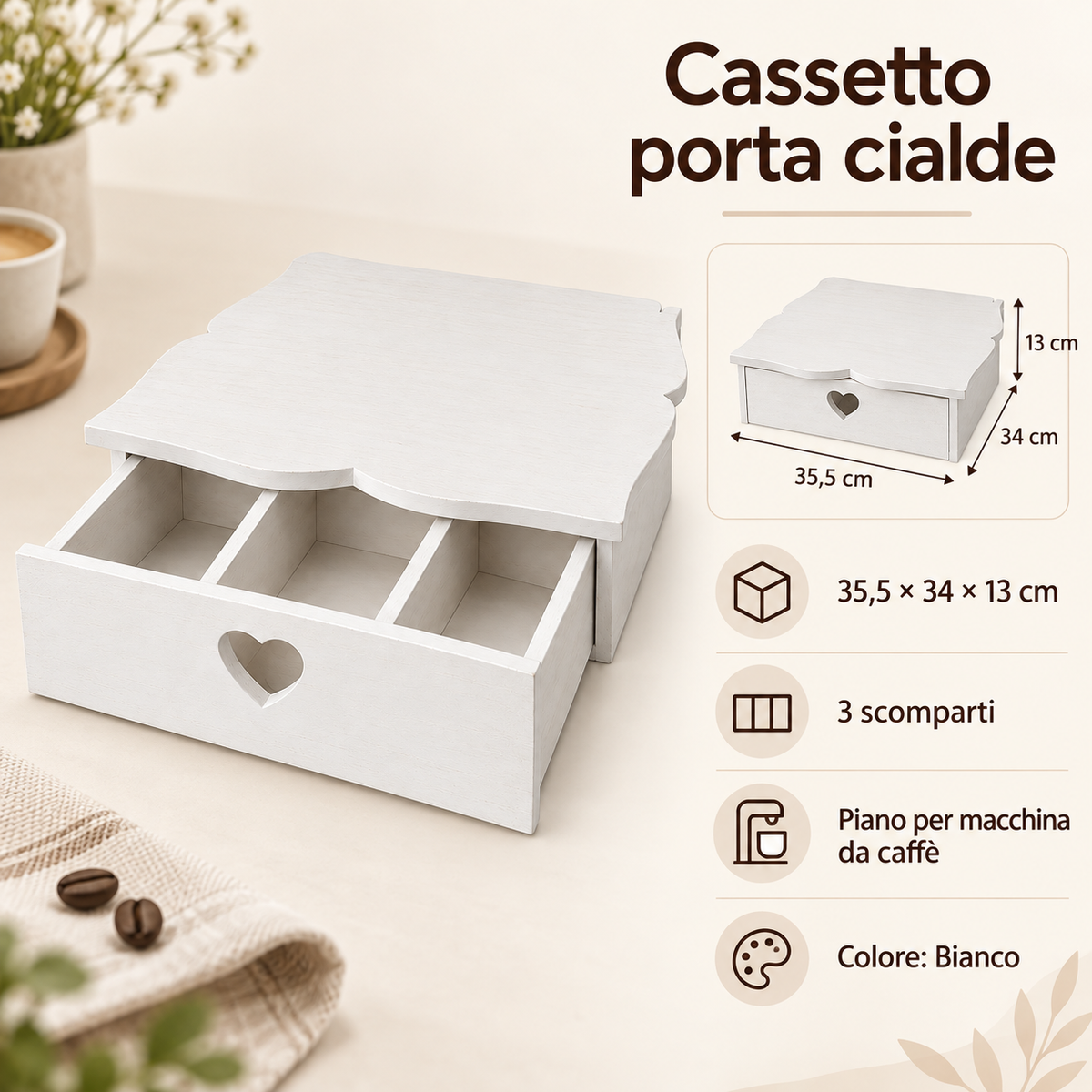 Infografica cassetto porta cialde Domeahome 35,5 x 34 x 13 cm Bianco