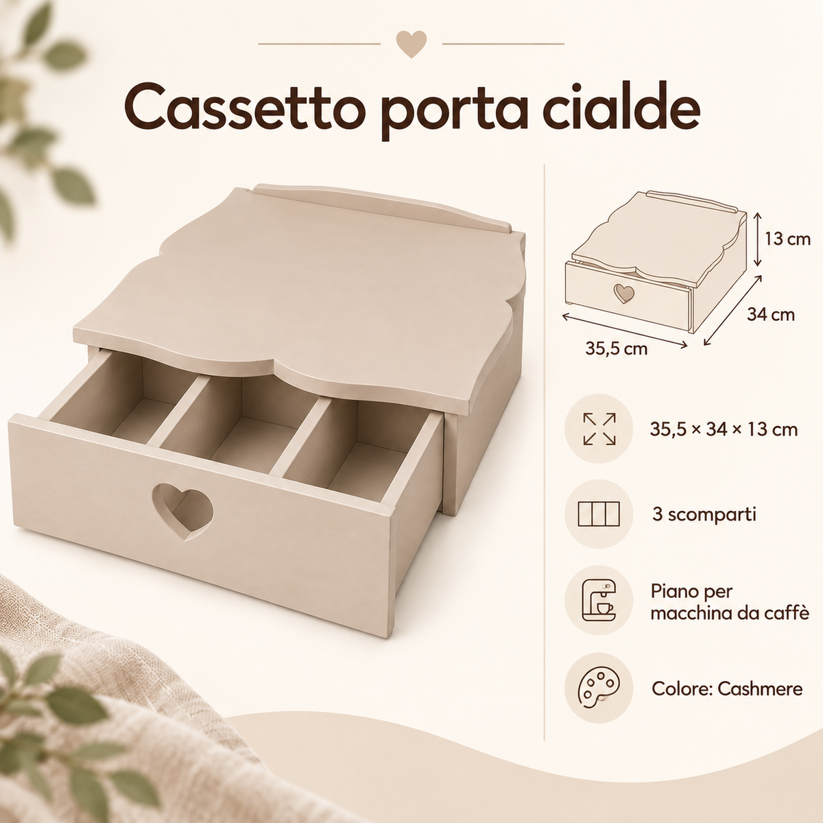Infografica cassetto porta cialde Domeahome 35,5 x 34 x 13 cm Cashmere
