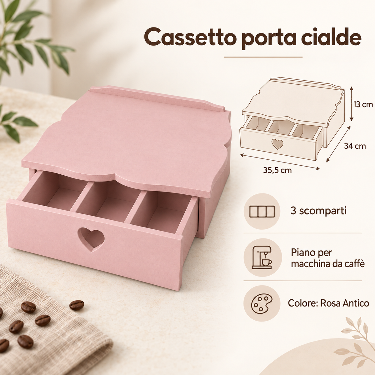 Infografica cassetto porta cialde Domeahome 35,5 x 34 x 13 cm Rosa Antico