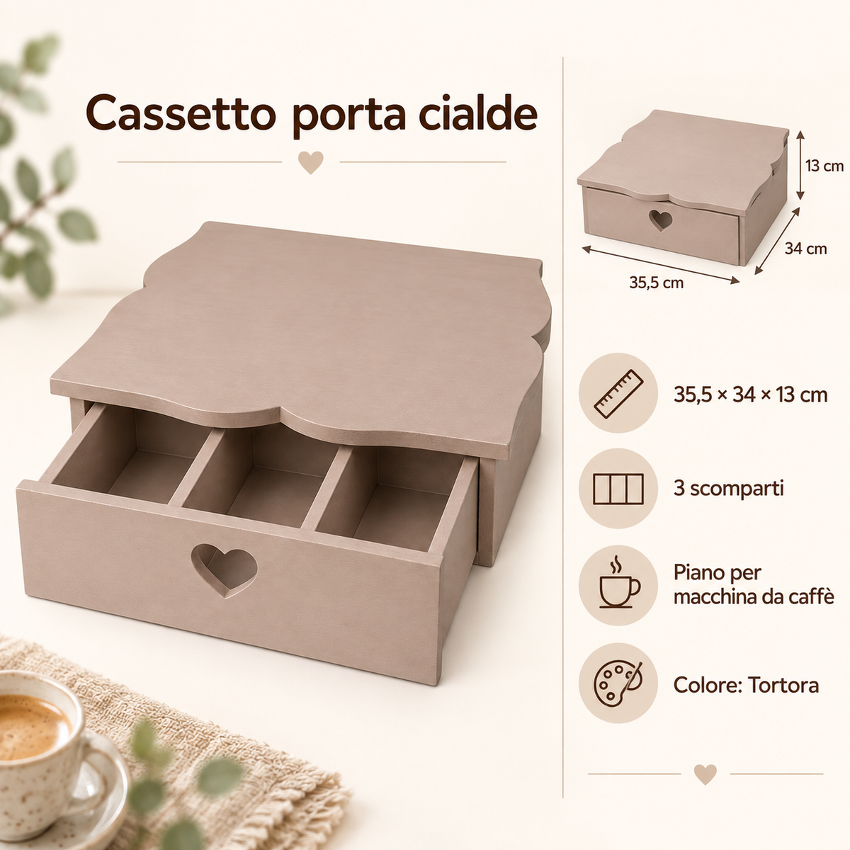 Infografica cassetto porta cialde Domeahome 35,5 x 34 x 13 cm Tortora