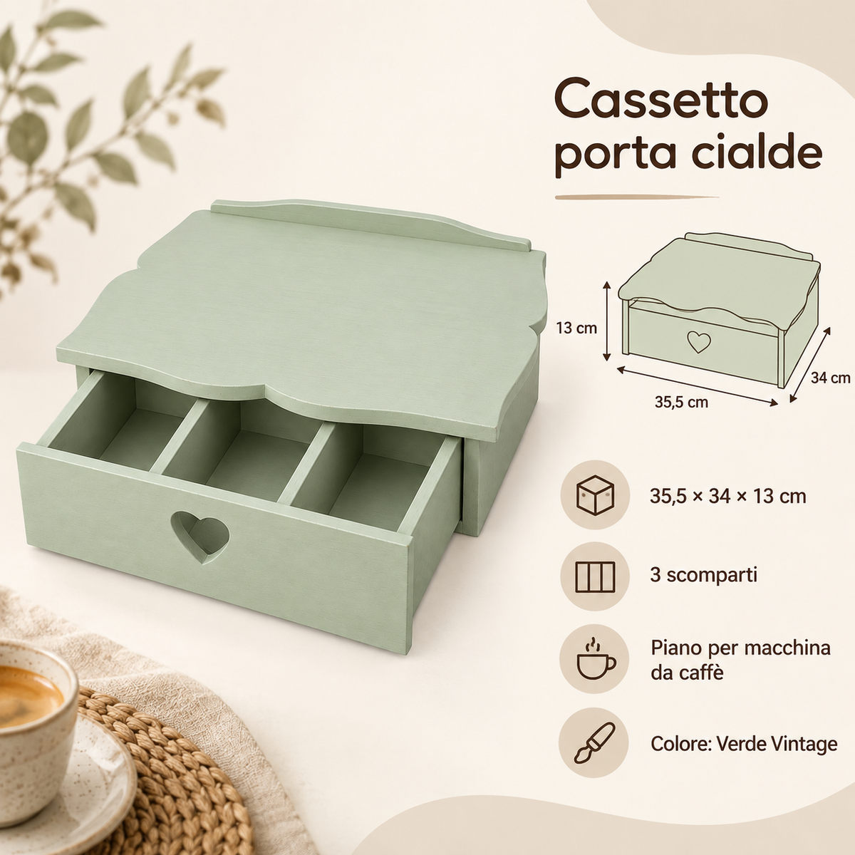Infografica cassetto porta cialde Domeahome 35,5 x 34 x 13 cm Verde Vintage