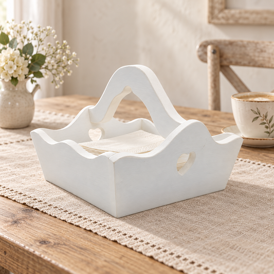 Cestino porta tovaglioli in legno con manico e cuori bianco in ambientazione shabby chic - Domeahome