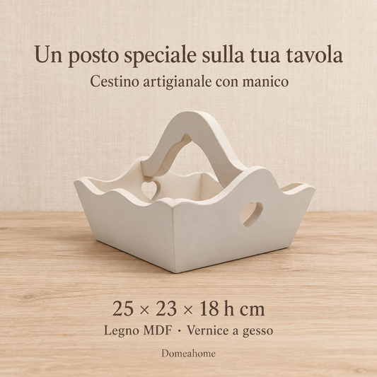 Dimensioni cestino artigianale con manico: 25 x 23 x 18 h cm, MDF e vernice a gesso