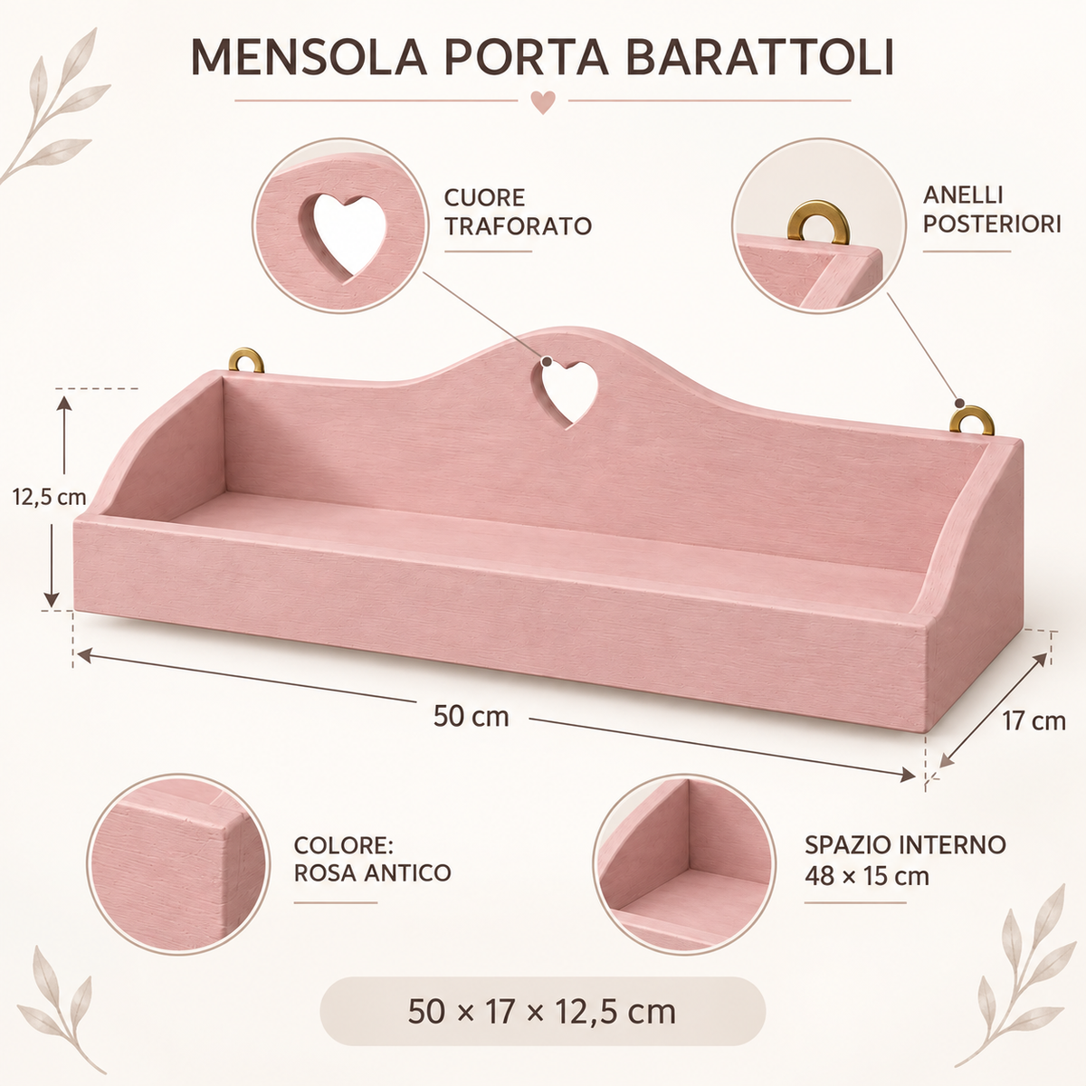 Infografica mensola porta barattoli Domeahome Rosa Antico