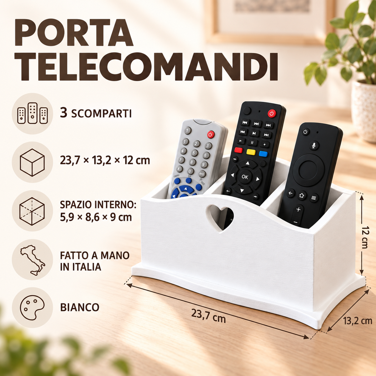 Infografica porta telecomandi Domeahome a 3 scomparti Bianco