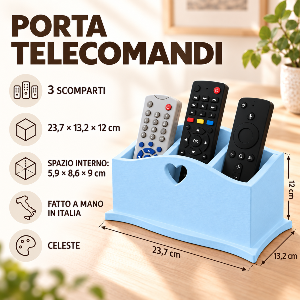 Infografica porta telecomandi Domeahome a 3 scomparti Celeste