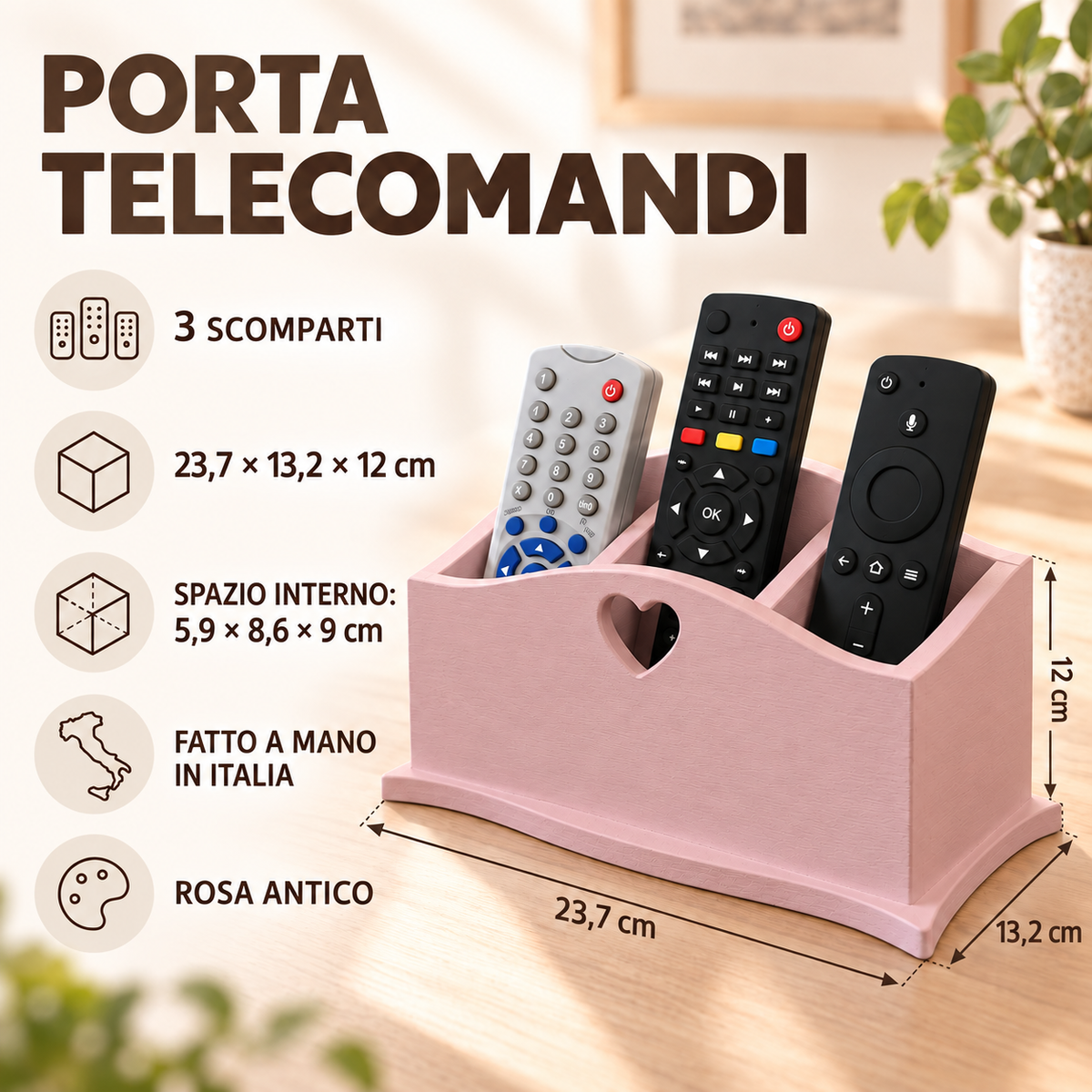 Infografica porta telecomandi Domeahome a 3 scomparti Rosa Antico