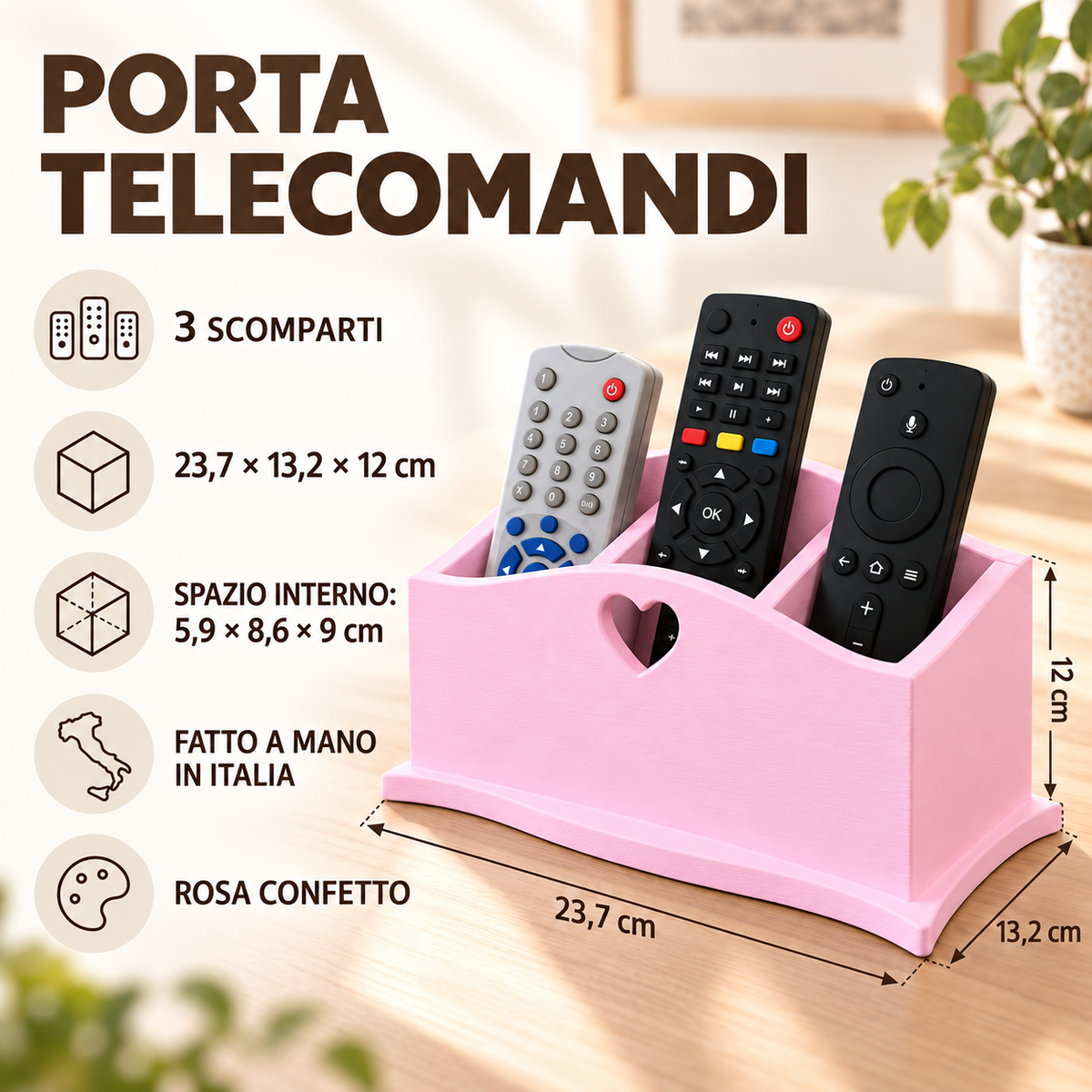 Infografica porta telecomandi Domeahome a 3 scomparti Rosa Confetto