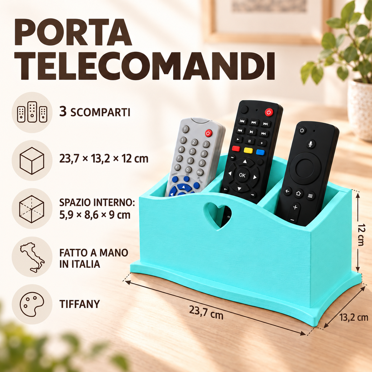 Infografica porta telecomandi Domeahome a 3 scomparti Tiffany