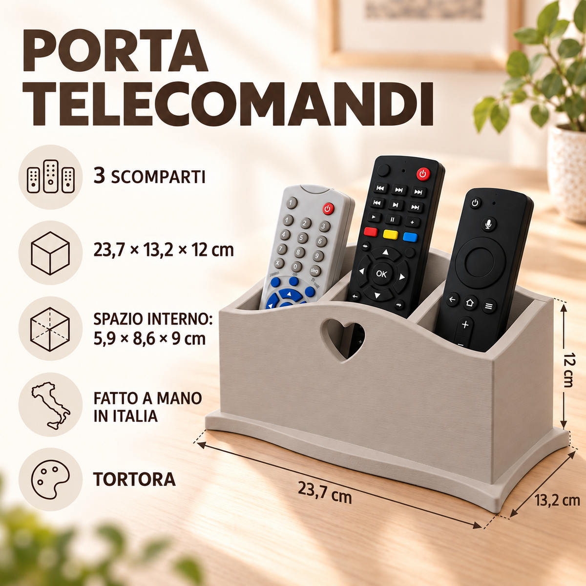 Infografica porta telecomandi Domeahome a 3 scomparti Tortora