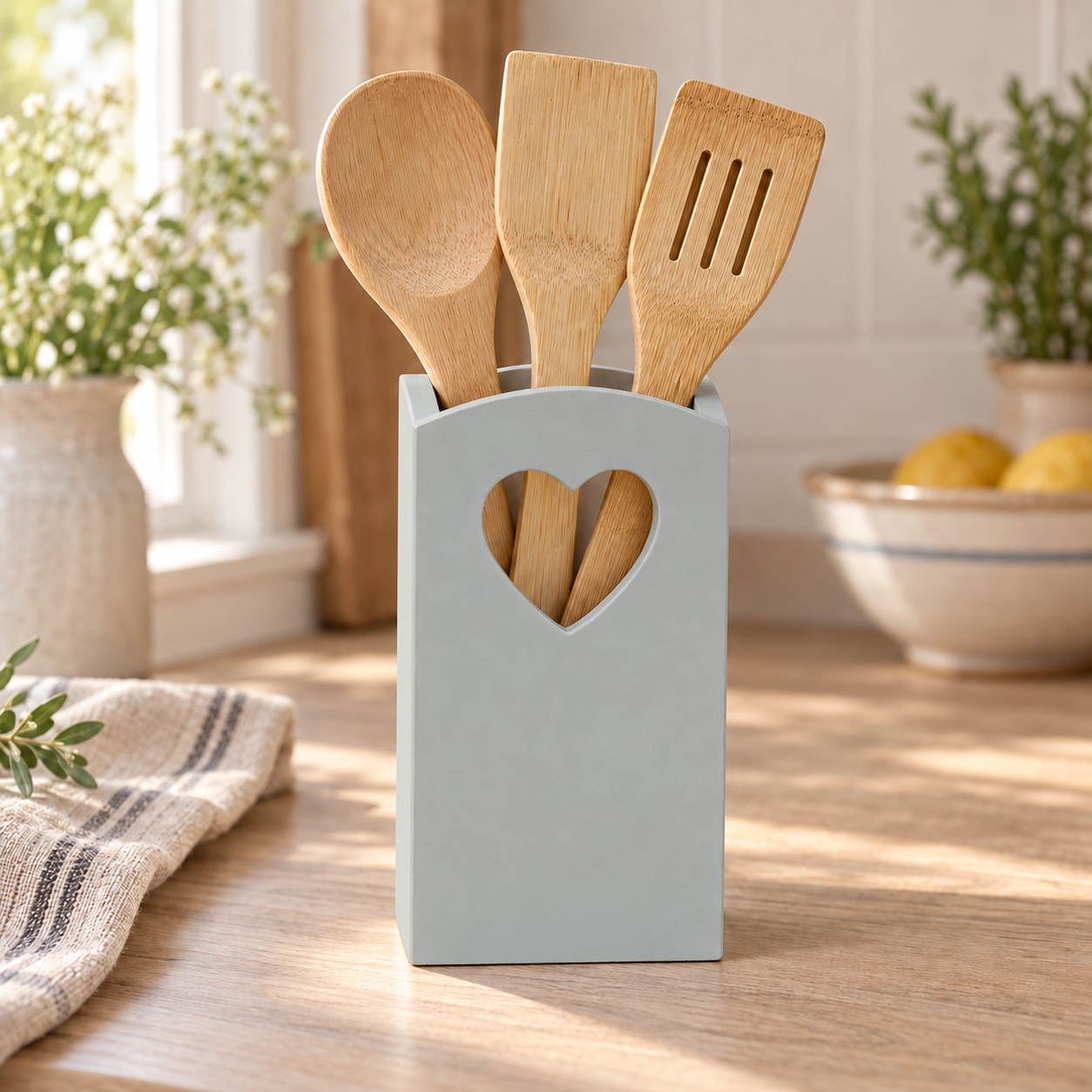 Portamestoli artigianale con cuore Argilla in una cucina shabby chic