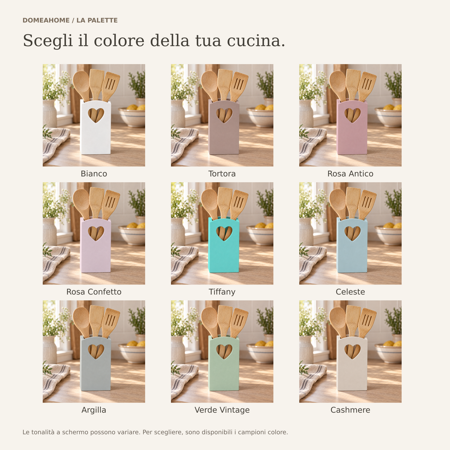 Confronto delle nove tonalità del portamestoli artigianale con cuore Domeahome