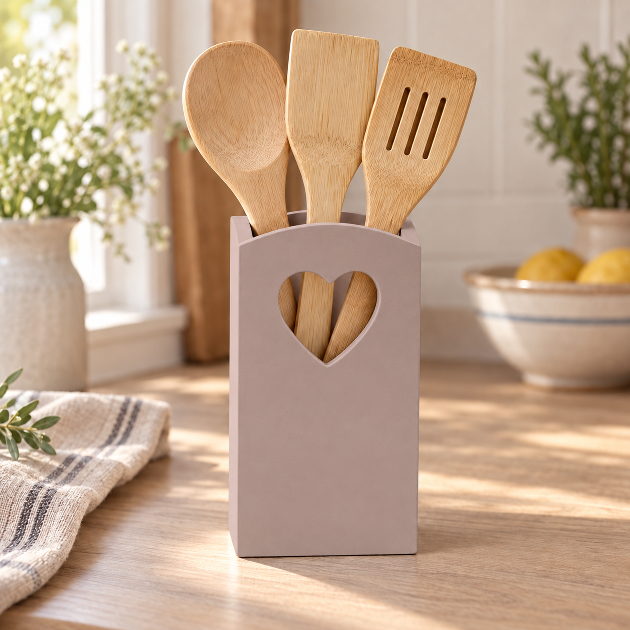 Portamestoli artigianale con cuore Tortora in una cucina shabby chic