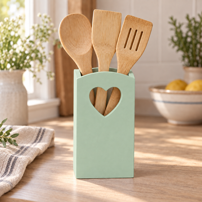 Portamestoli artigianale con cuore Verde Vintage in una cucina shabby chic
