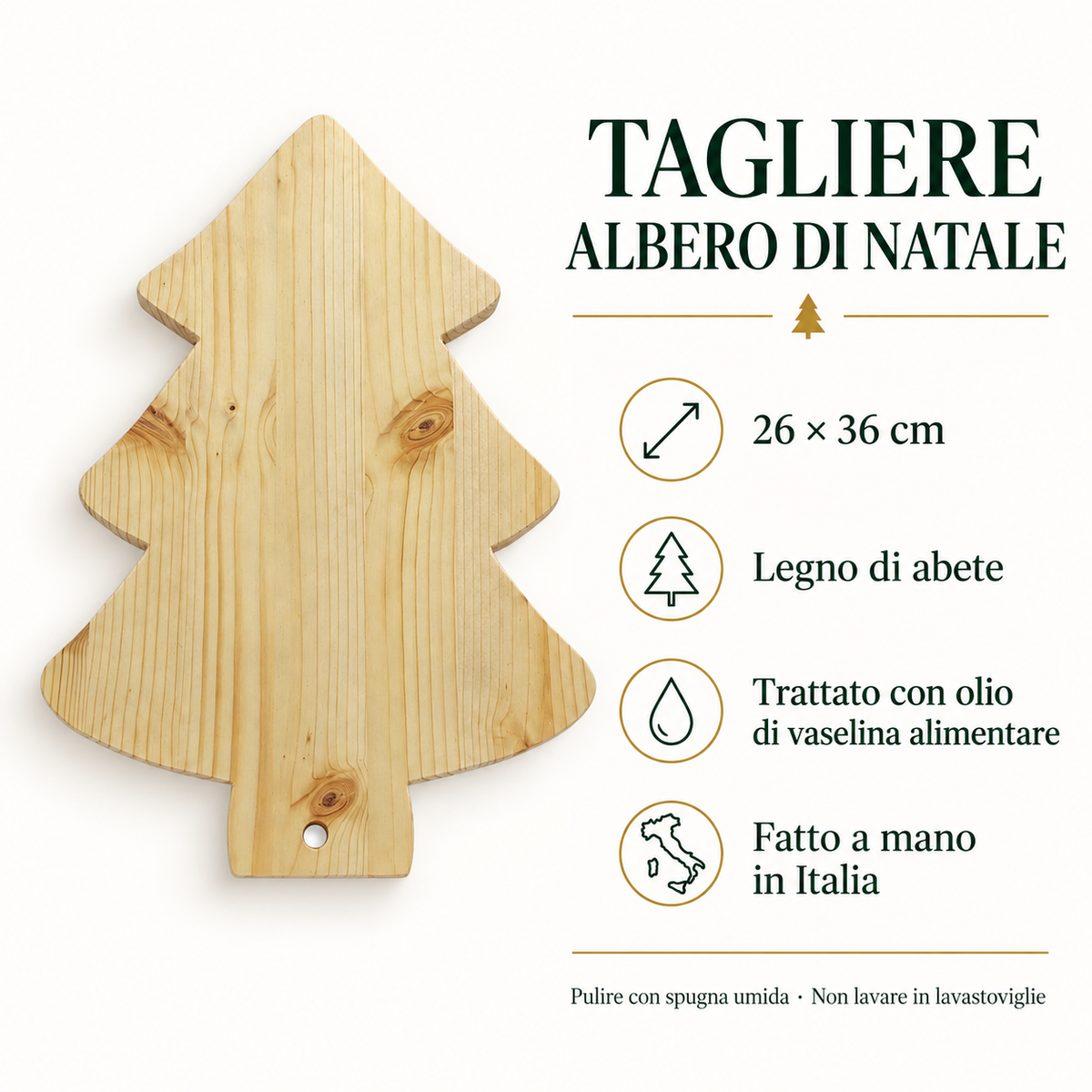 Infografica Tagliere Albero di Natale Domeahome 26 x 36 cm in legno di abete