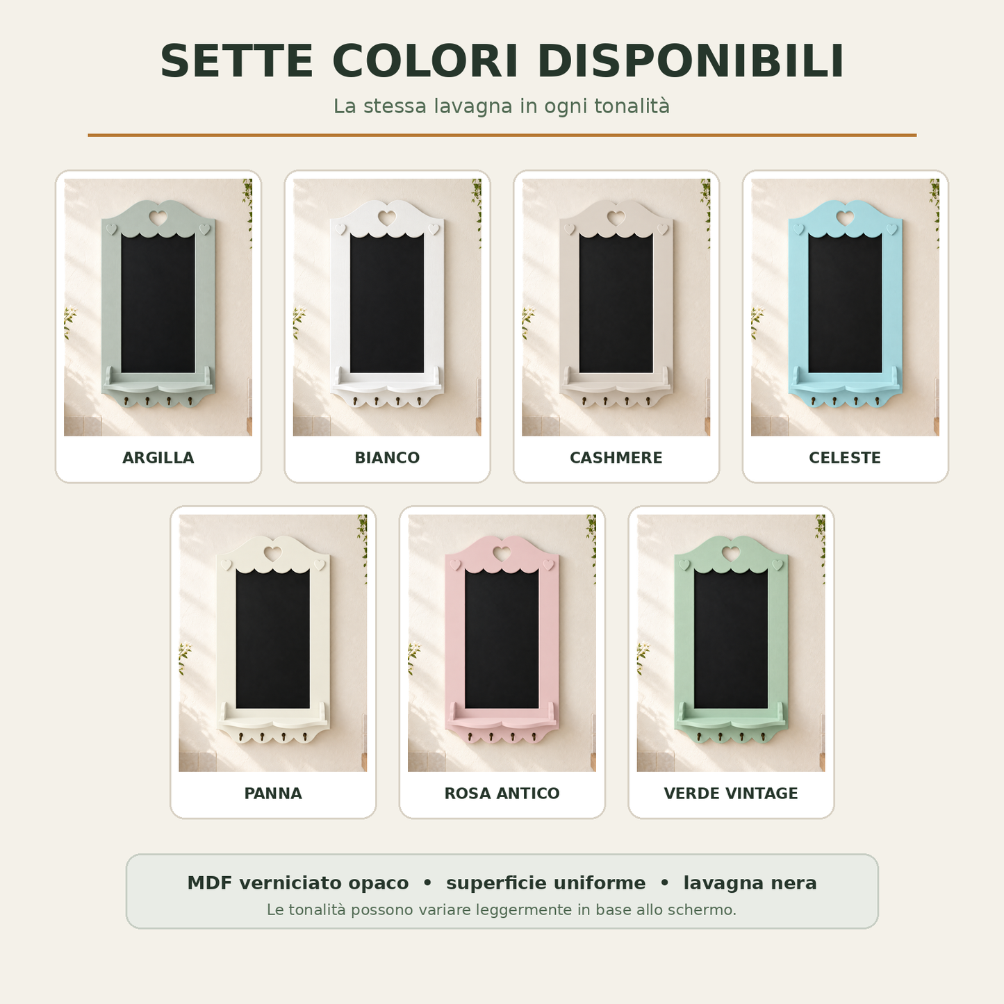 Sette colori disponibili per la lavagna artigianale