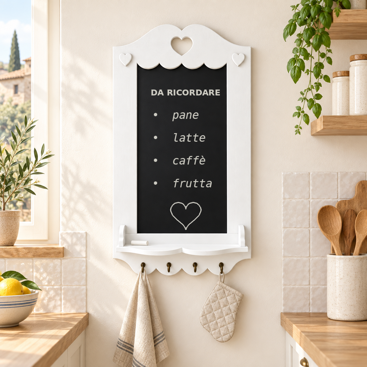 Lavagna artigianale in cucina con lista della spesa