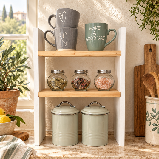 Mensola Klara Bianco e Legno Naturale ambientata in cucina