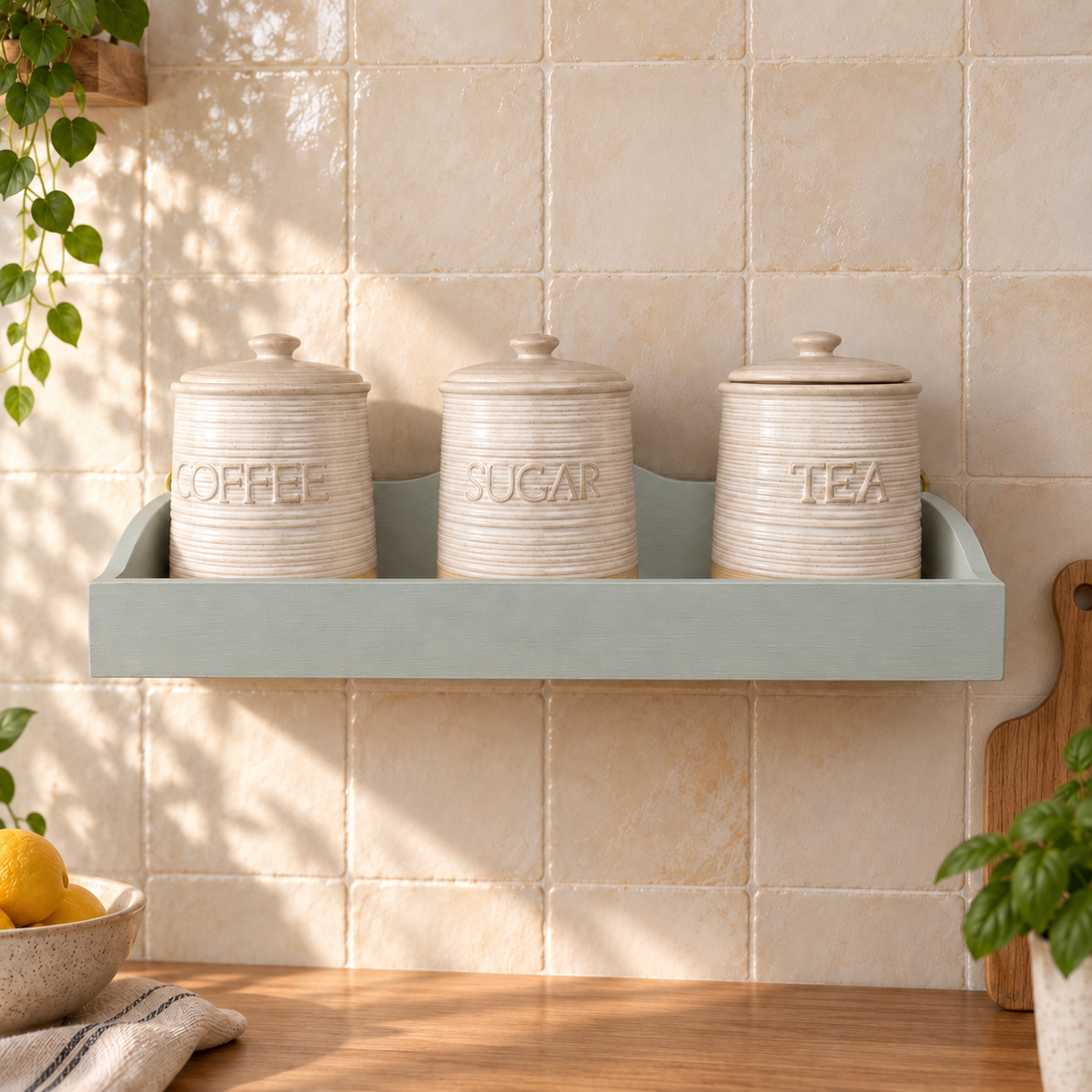 Mensola porta barattoli artigianale Argilla ambientata in cucina