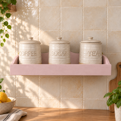 Mensola porta barattoli artigianale Rosa Antico ambientata in cucina