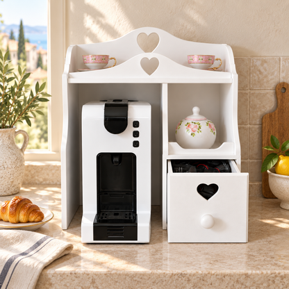 Mobiletto macchina da caffè con cassetto portacialde aperto