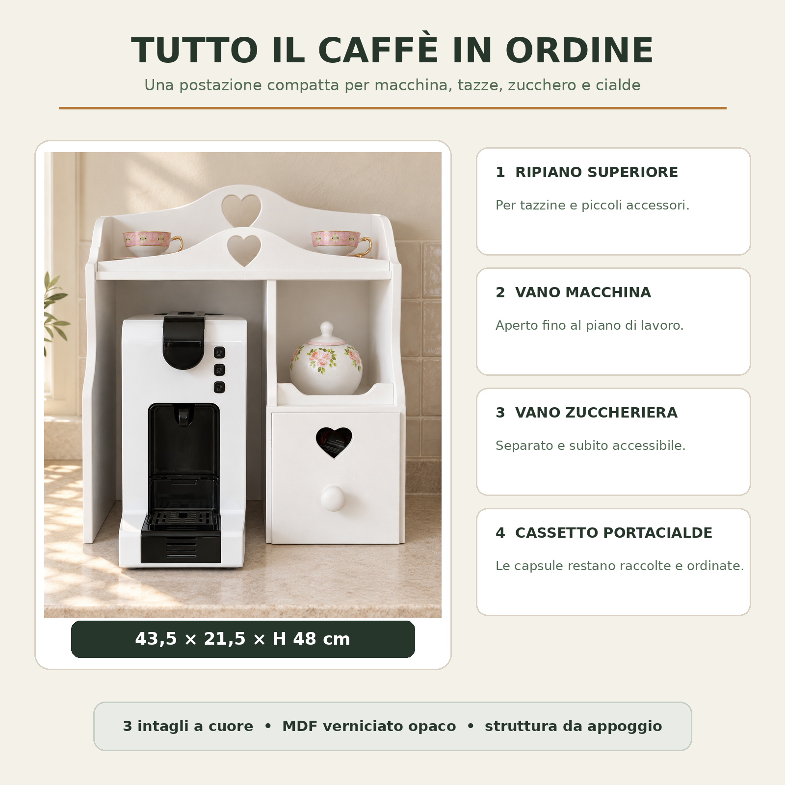 Misure e funzioni del mobiletto per macchina da caffè