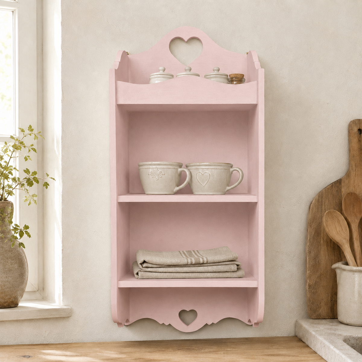 Pensile artigianale Domeahome con 3 ripiani, colore Rosa Antico, senza ganci, ambientato in cucina