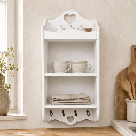 Pensile artigianale Domeahome con 3 ripiani, colore Bianco, con quattro piccoli ganci metallici, ambientato in cucina