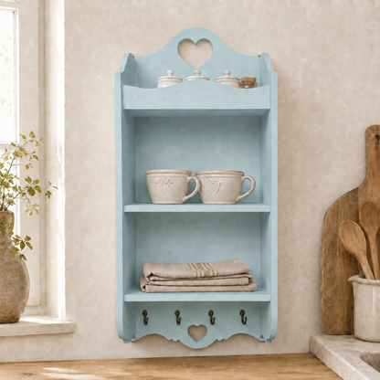 Pensile artigianale Domeahome con 3 ripiani, colore Celeste, con quattro piccoli ganci metallici, ambientato in cucina