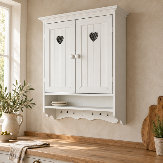 Piattaia artigianale shabby chic bianco antico con sportelli a cuore, ambientata in cucina