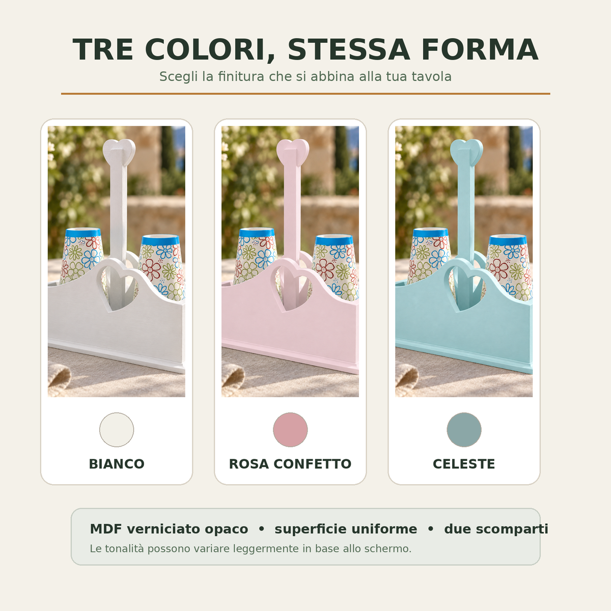 Colori disponibili per il porta bicchieri artigianale