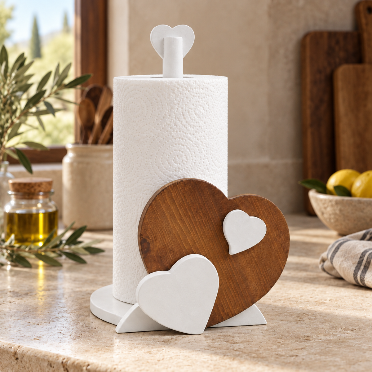 Porta rotolo da cucina Legno naturale color Noce ambientato con rotolo inserito