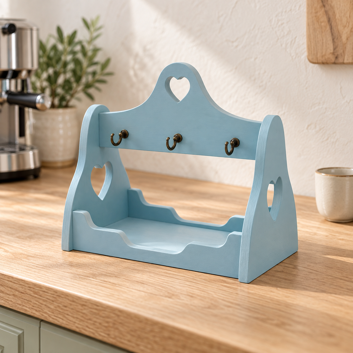 Porta tazzine caffè artigianale Domeahome celeste con 6 ganci, ambientato in cucina