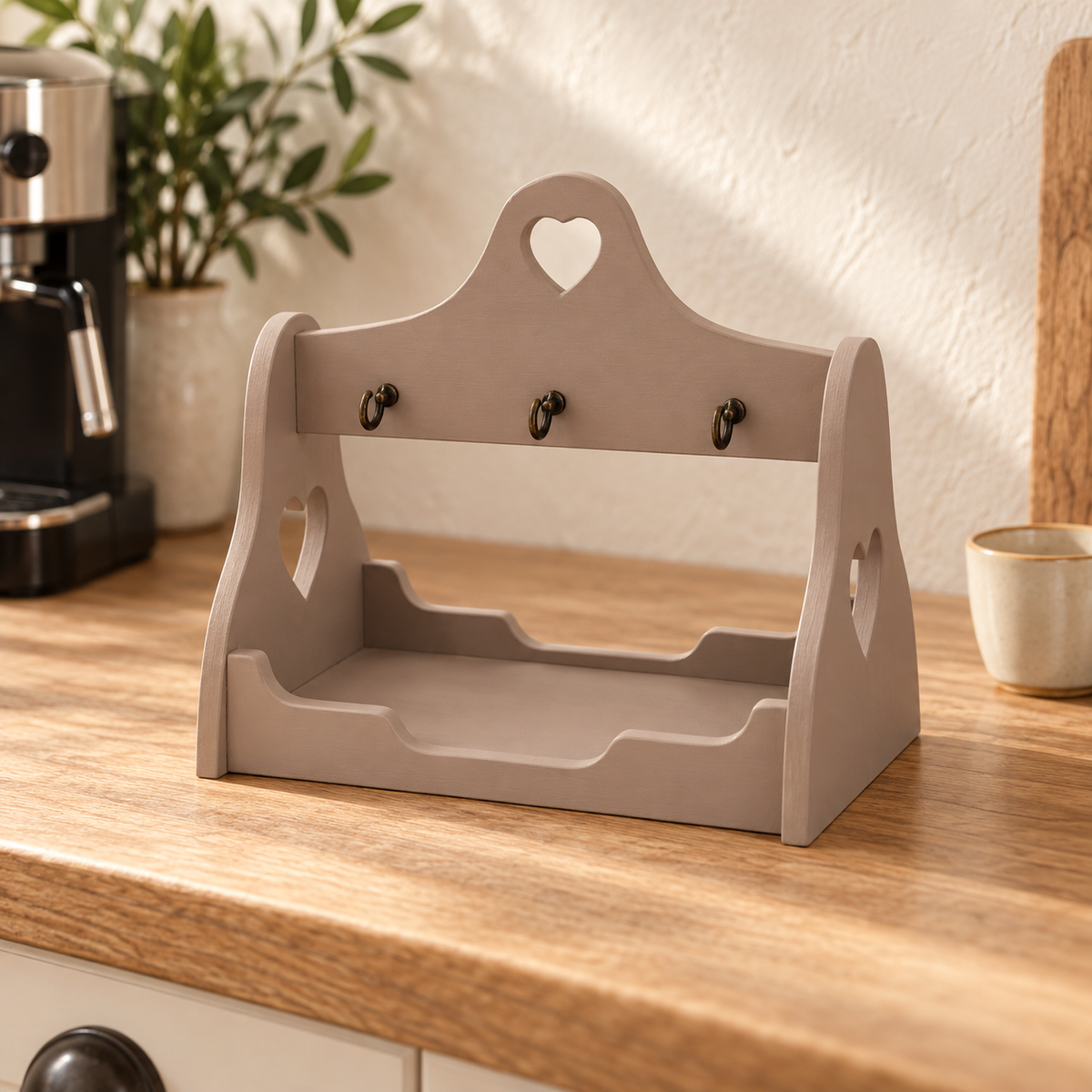 Porta tazzine caffè artigianale Domeahome tortora con 6 ganci, ambientato in cucina