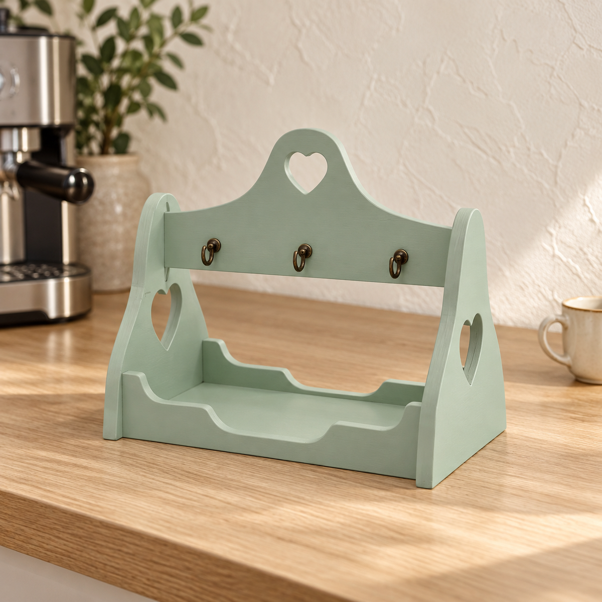 Porta tazzine caffè artigianale Domeahome verde vintage con 6 ganci, ambientato in cucina