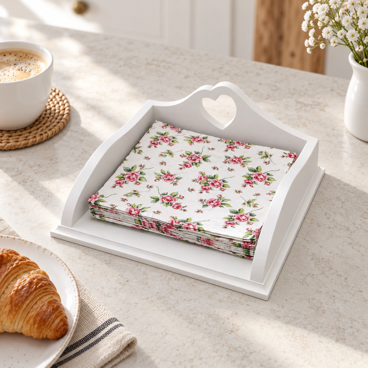 Porta tovaglioli bianco Domea Home ambientato su tavolo da colazione