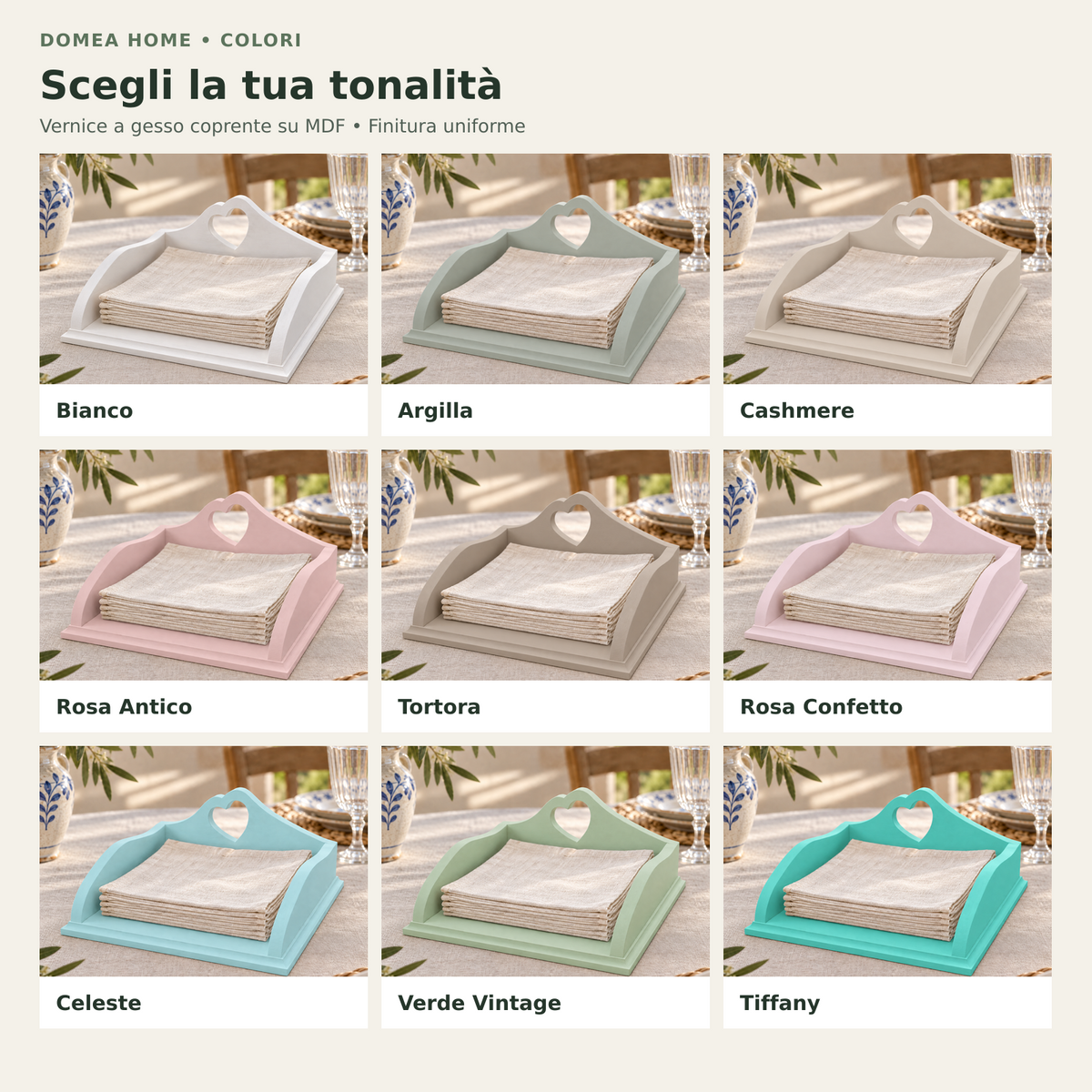 Nove colori disponibili per il porta tovaglioli artigianale Domea Home