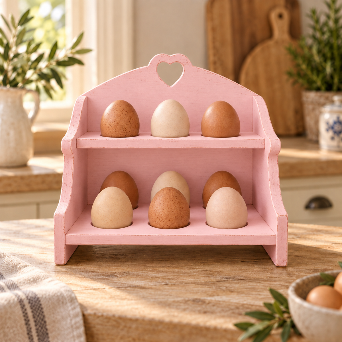 Porta uova artigianale da 9 posti colore Rosa Confetto ambientato in cucina
