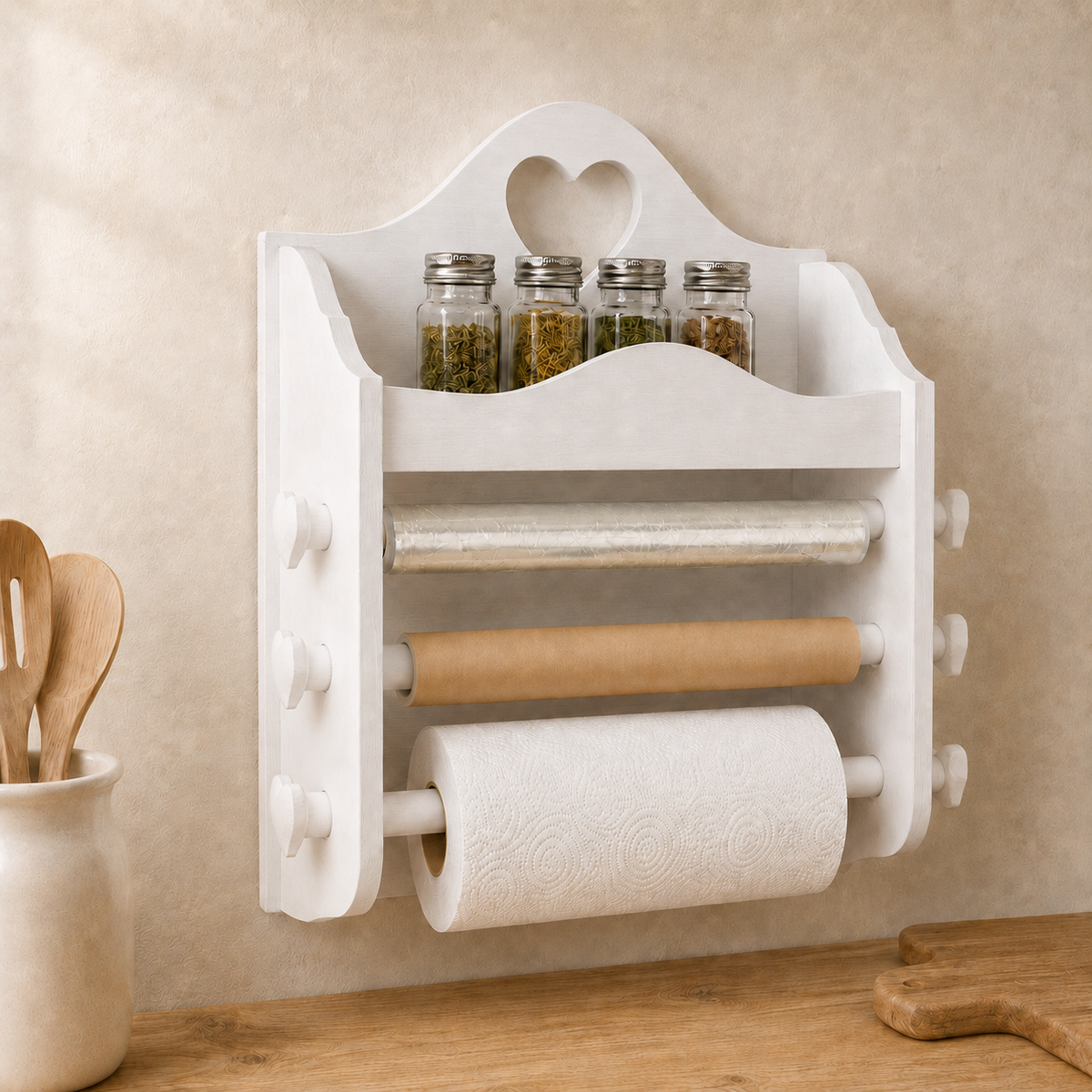 Portarotolo da cucina artigianale Bianco con portaspezie, pellicola, carta da forno e Scottex