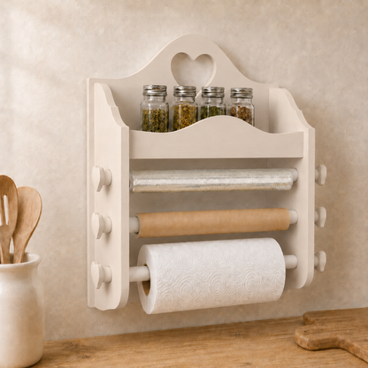 Portarotolo da cucina artigianale Cashmere con portaspezie, pellicola, carta da forno e Scottex