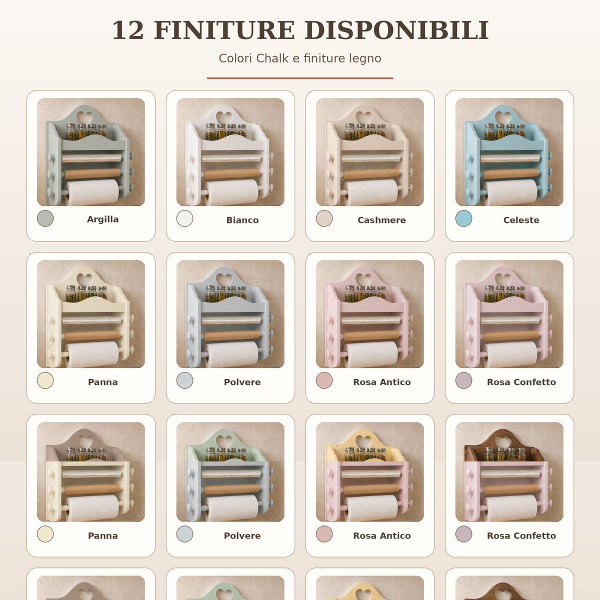Dodici colori e finiture disponibili per il portarotolo da cucina artigianale Domea Home