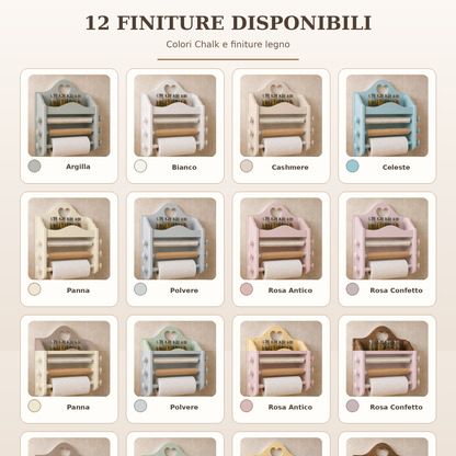 Dodici colori e finiture disponibili per il portarotolo da cucina artigianale Domea Home