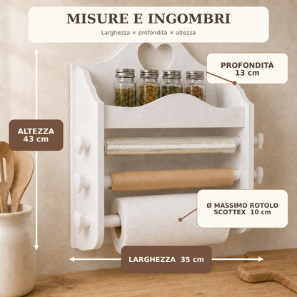 Misure portarotolo da cucina artigianale: 35 x 13 x 43 cm e rotolo massimo 10 cm